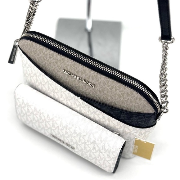 Michael Kors Medium Dome Jet Set Travel Xbody Bag & Trifold Wallet Optic White - Picture 9 of 12